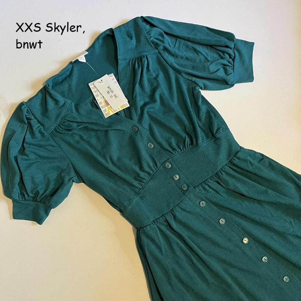 XXS Lularoe Skyler midi button front dress, dark lake teal green